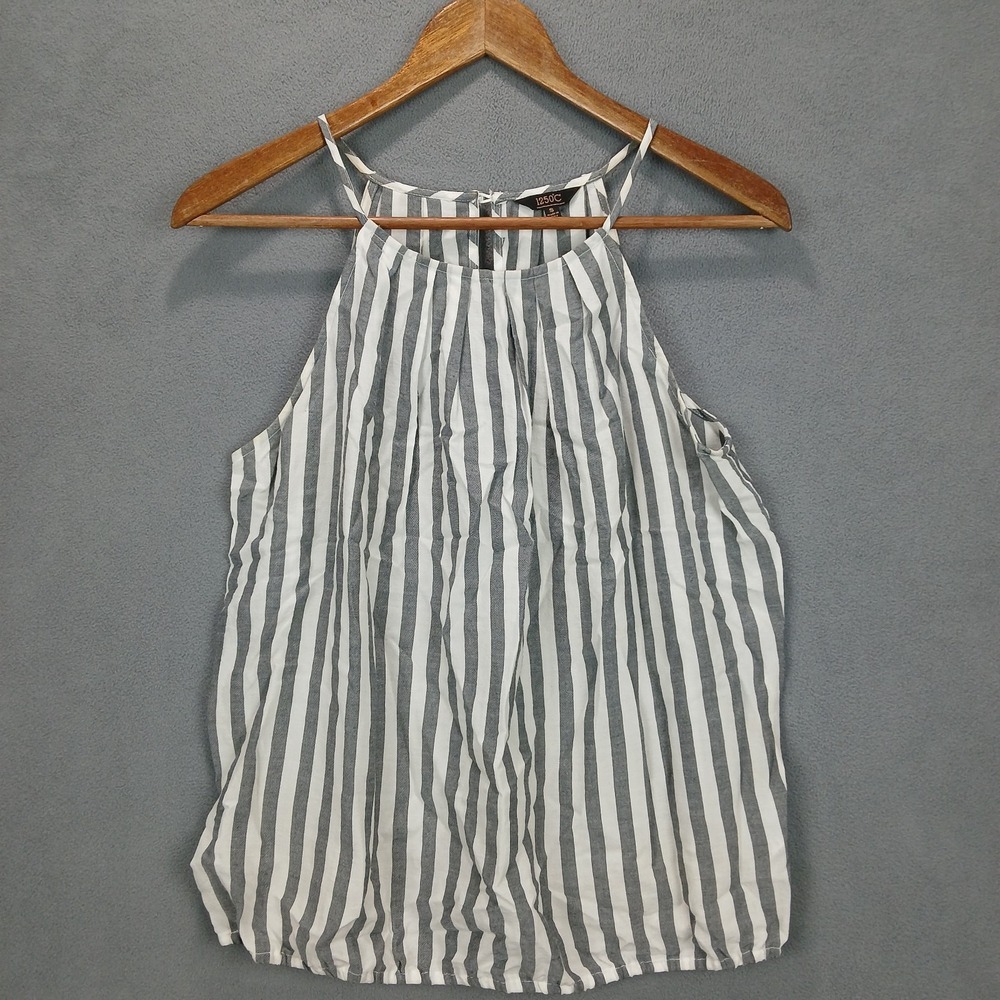 1250°C Tank Top Womens Small‎ White Gray Vertical Striped Pleated Keyhole Back
